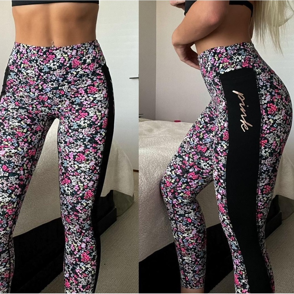 PINK Victoria's Secret Black and Pink Floral Leggings